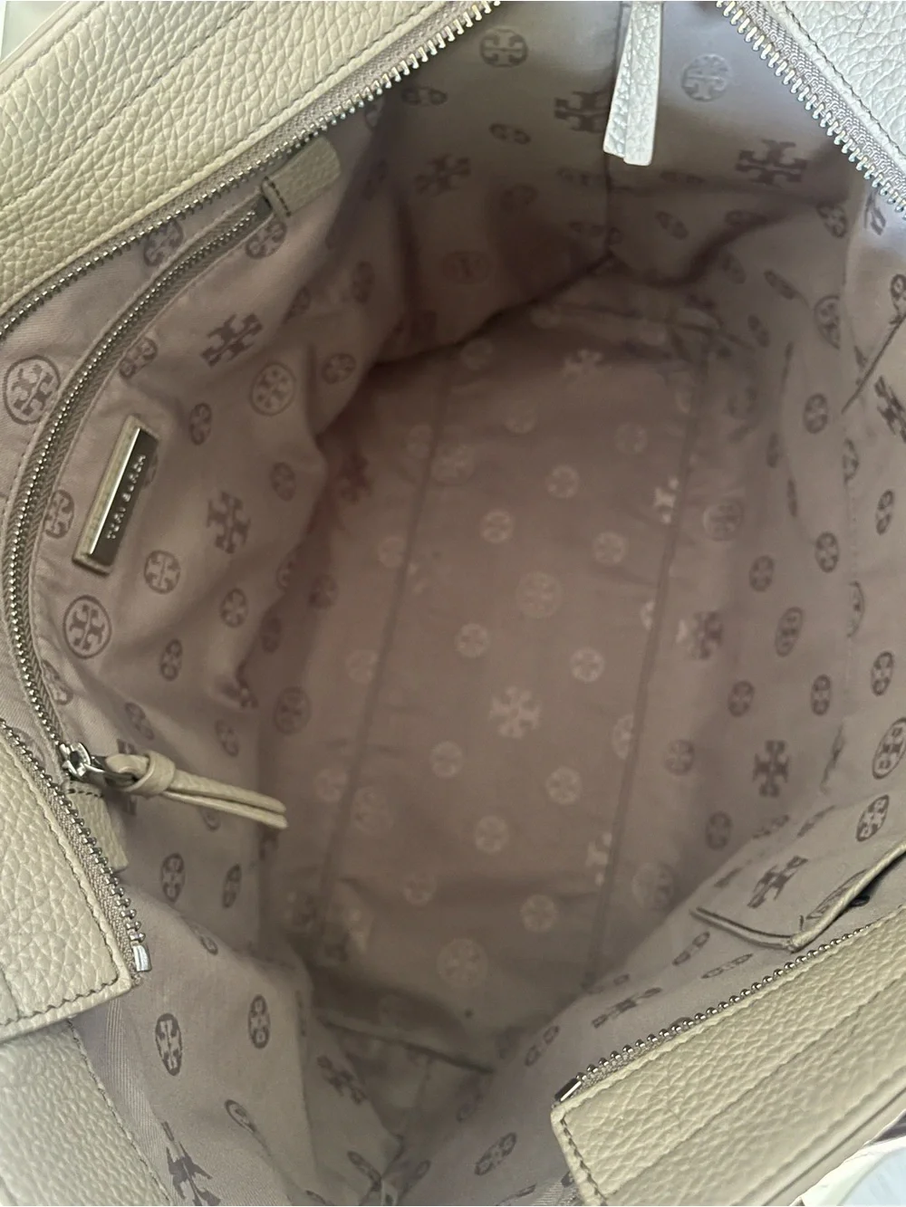 Tory Burch Thea Tote Pebble Leather Hobo Bag Taupe French Grey Tan Large